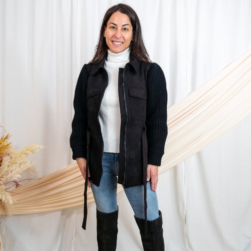Suede Jacket with Knitted Sweater Sleeve